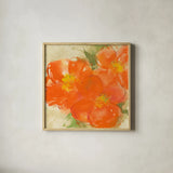 Tangerine Poppies II by Chris Paschke. Shown in a natural wood glass frame for a timeless modern aesthetic. Available as an archival giclee rolled canvas, fine art paper, or poster print. SKU 50258a.