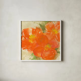 Tangerine Poppies II by Chris Paschke. Shown in a crisp white glass frame for a clean and minimalist style. Available as an archival giclee rolled canvas, fine art paper, or poster print. SKU 50258a.