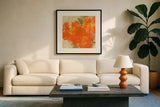 Tangerine Poppies II by Chris Paschke. Displayed in a glass frame with matte in a clean modern living room. Available as an archival giclee rolled canvas, fine art paper, or poster print. SKU 50258a.