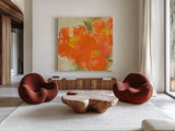 Tangerine Poppies II by Chris Paschke. Shown as extra-large giant wall art in a modern living room. Available as an archival giclee rolled canvas, fine art paper, or poster print. SKU 50258a.
