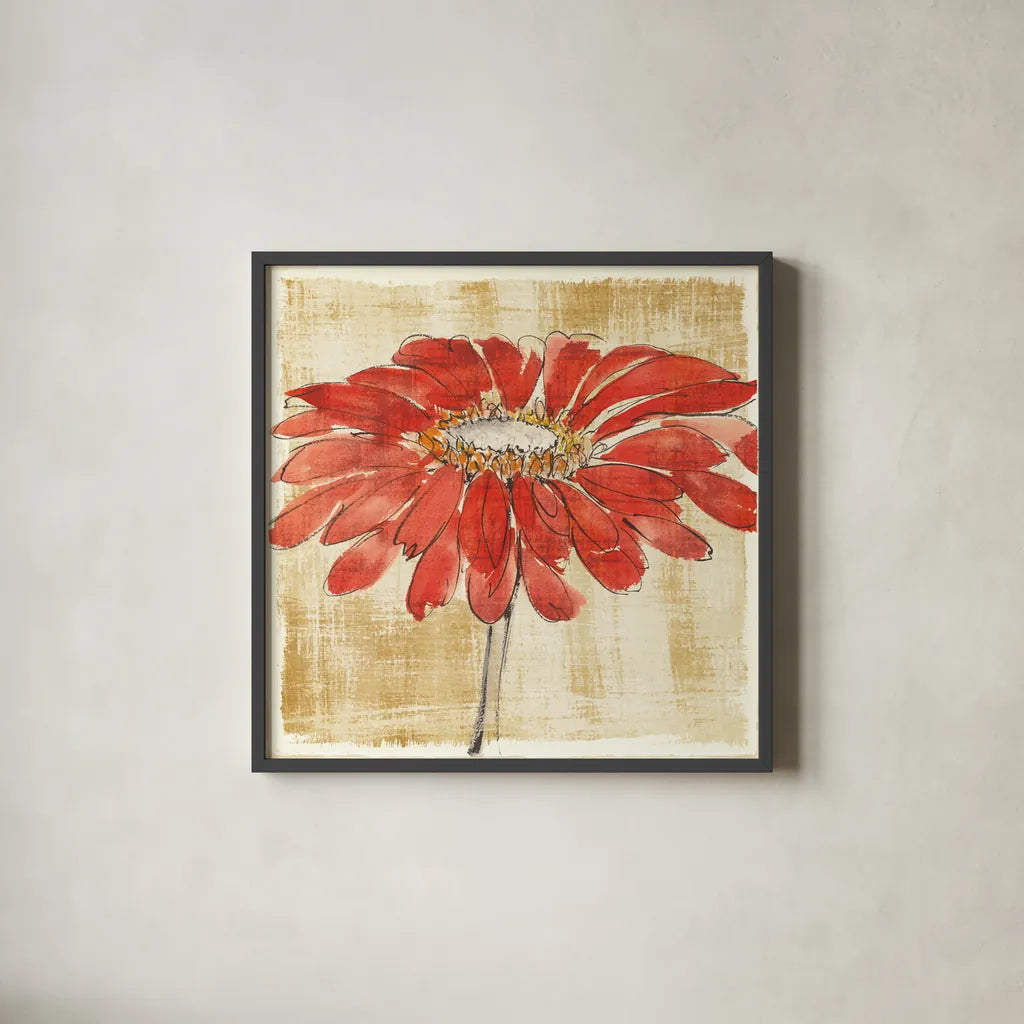 Tangerine and Grey I by Chris Paschke. Shown in a sleek black glass frame for a contemporary gallery look. Available as an archival giclee rolled canvas, fine art paper, or poster print. SKU 11093a.