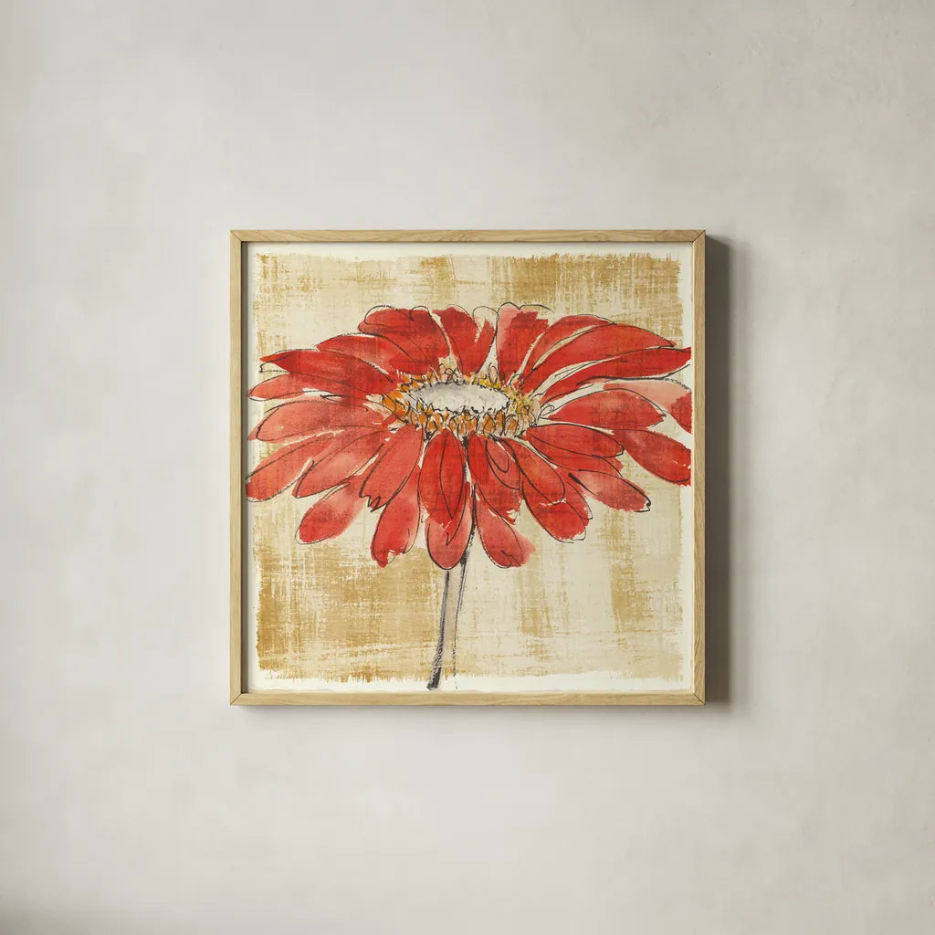 Tangerine and Grey I by Chris Paschke. Shown in a natural wood glass frame for a timeless modern aesthetic. Available as an archival giclee rolled canvas, fine art paper, or poster print. SKU 11093a.