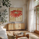 Tangerine and Grey I by Chris Paschke. Shown in a natural wood frame in a cozy modern living room. Available as an archival giclee rolled canvas, fine art paper, or poster print. SKU 11093a.