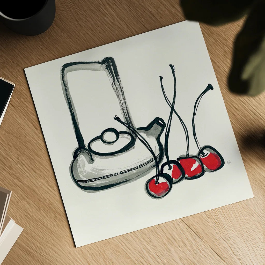 Tea and Cherries by Chris Paschke. Shown as a detailed flat fine art print, highlighting archival giclee quality. Available as an archival giclee rolled canvas, fine art paper, or poster print. SKU 26918a.