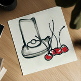 Tea and Cherries by Chris Paschke. Shown as a detailed flat fine art print, highlighting archival giclee quality. Available as an archival giclee rolled canvas, fine art paper, or poster print. SKU 26918a.