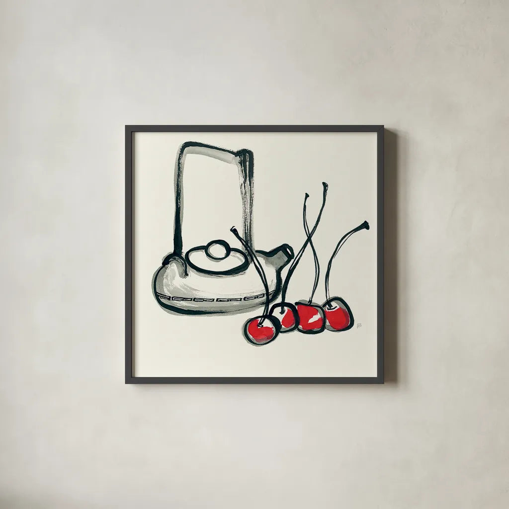 Tea and Cherries by Chris Paschke. Shown in a sleek black glass frame for a contemporary gallery look. Available as an archival giclee rolled canvas, fine art paper, or poster print. SKU 26918a.