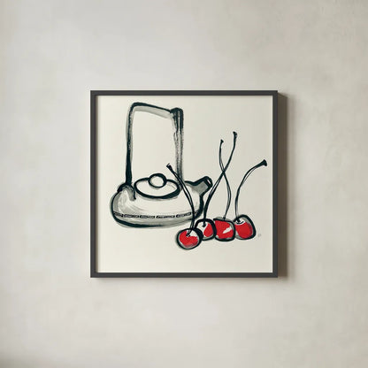 Tea and Cherries by Chris Paschke. Shown in a sleek black glass frame for a contemporary gallery look. Available as an archival giclee rolled canvas, fine art paper, or poster print. SKU 26918a.