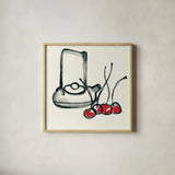 Tea and Cherries by Chris Paschke. Shown in a natural wood glass frame for a timeless modern aesthetic. Available as an archival giclee rolled canvas, fine art paper, or poster print. SKU 26918a.