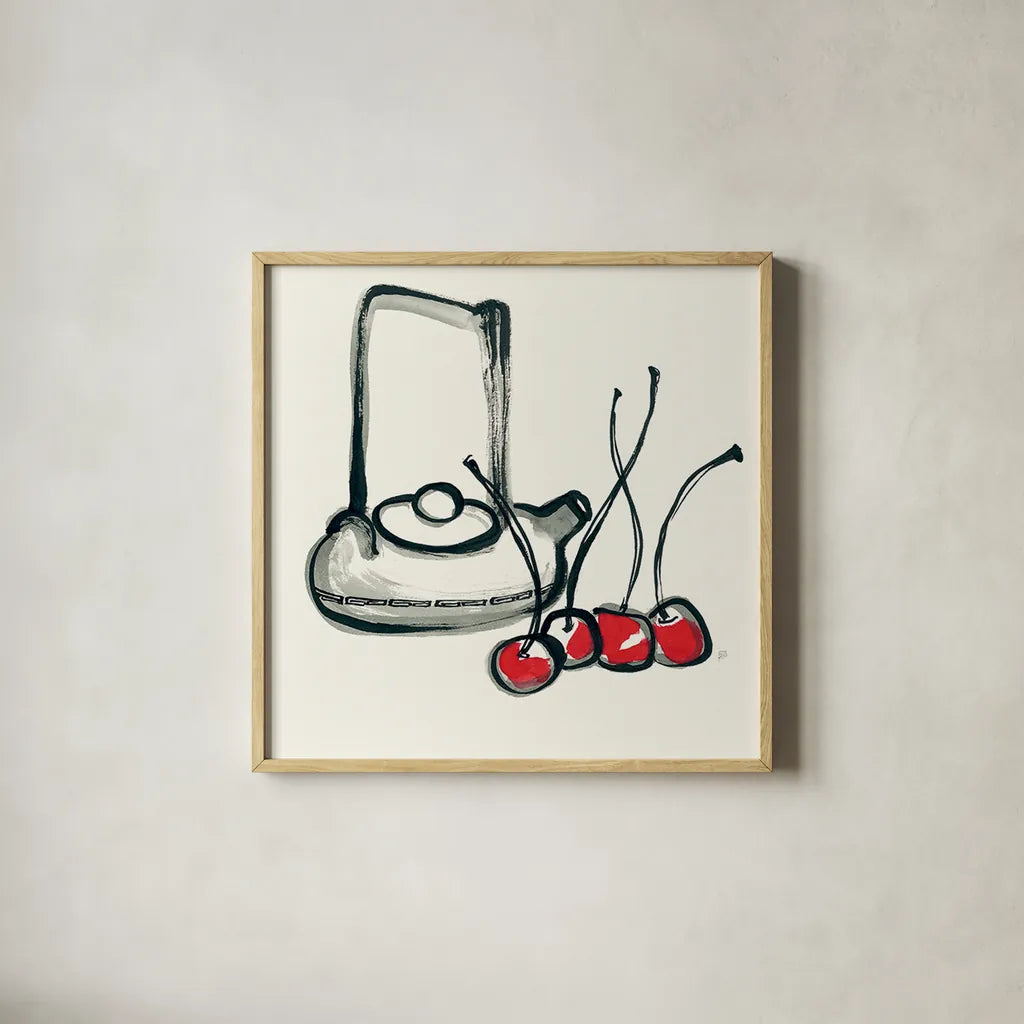 Tea and Cherries by Chris Paschke. Shown in a natural wood glass frame for a timeless modern aesthetic. Available as an archival giclee rolled canvas, fine art paper, or poster print. SKU 26918a.
