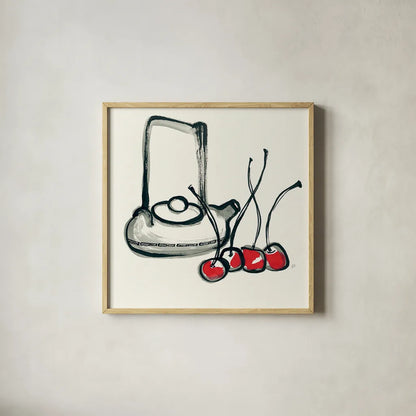 Tea and Cherries by Chris Paschke. Shown in a natural wood glass frame for a timeless modern aesthetic. Available as an archival giclee rolled canvas, fine art paper, or poster print. SKU 26918a.