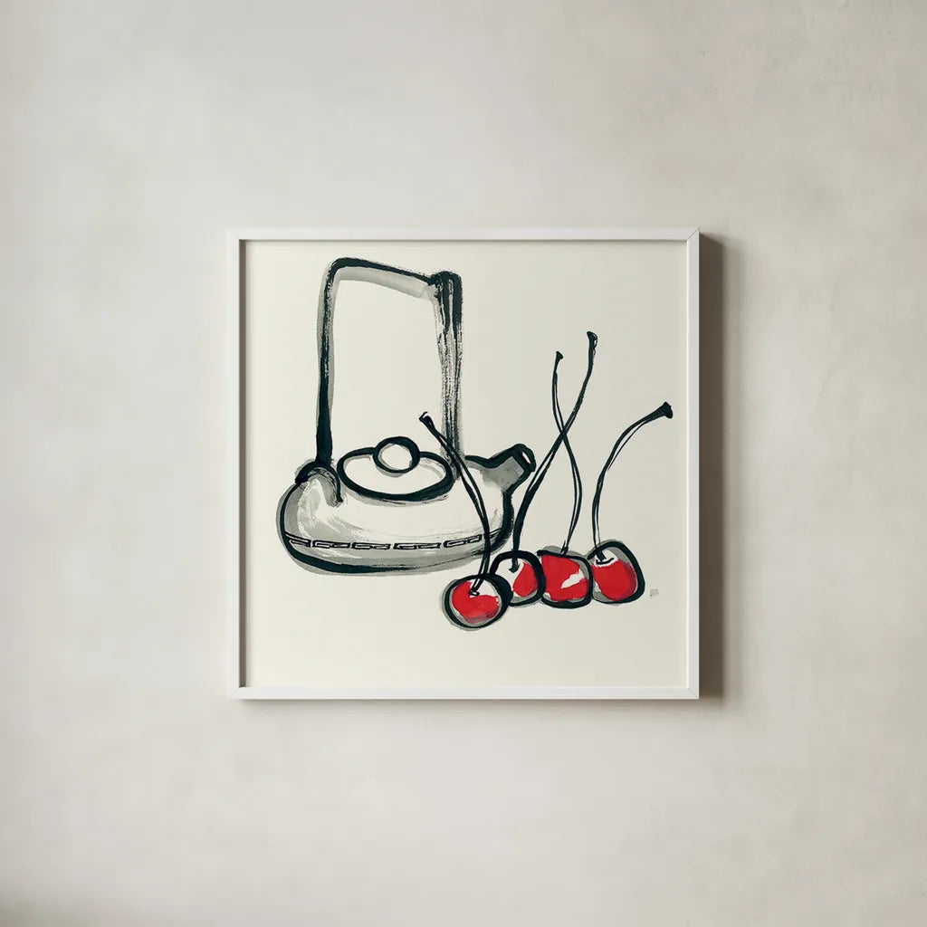 Tea and Cherries by Chris Paschke. Shown in a crisp white glass frame for a clean and minimalist style. Available as an archival giclee rolled canvas, fine art paper, or poster print. SKU 26918a.