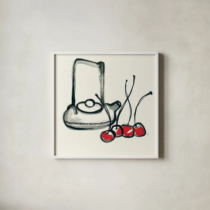 Tea and Cherries by Chris Paschke. Shown in a crisp white glass frame for a clean and minimalist style. Available as an archival giclee rolled canvas, fine art paper, or poster print. SKU 26918a.