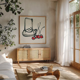 Tea and Cherries by Chris Paschke. Shown in a natural wood frame in a cozy modern living room. Available as an archival giclee rolled canvas, fine art paper, or poster print. SKU 26918a.
