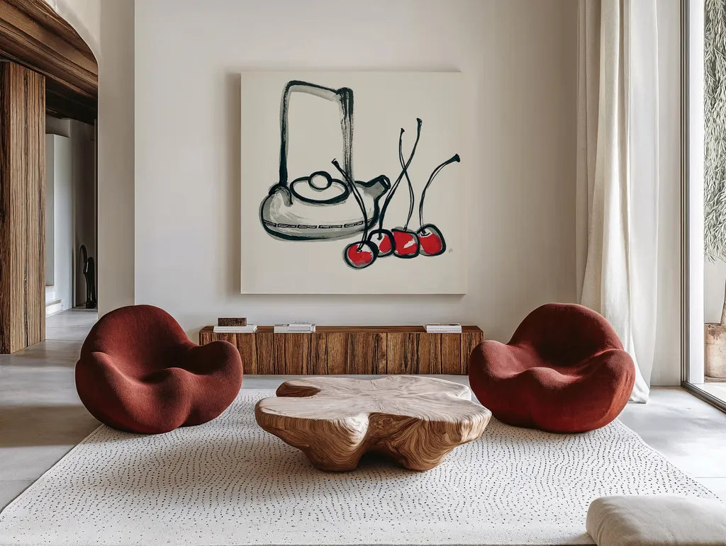 Tea and Cherries by Chris Paschke. Shown as extra-large giant wall art in a modern living room. Available as an archival giclee rolled canvas, fine art paper, or poster print. SKU 26918a.