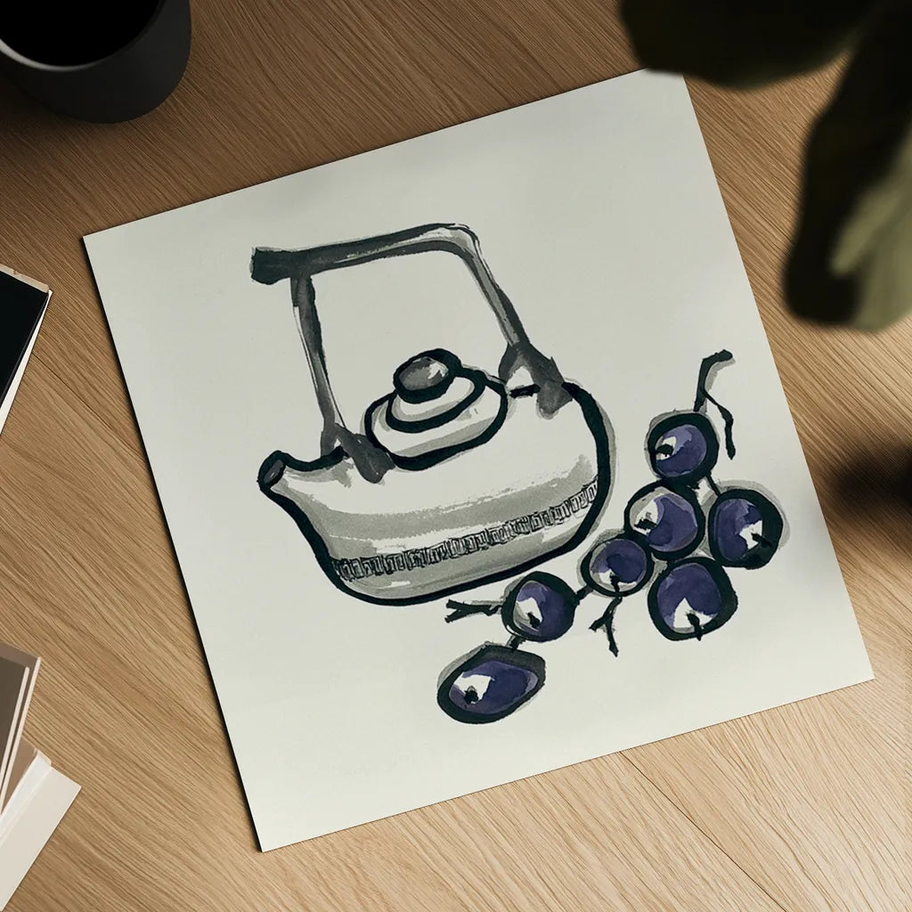 Tea and Grapes by Chris Paschke. Shown as a detailed flat fine art print, highlighting archival giclee quality. Available as an archival giclee rolled canvas, fine art paper, or poster print. SKU 26919a.