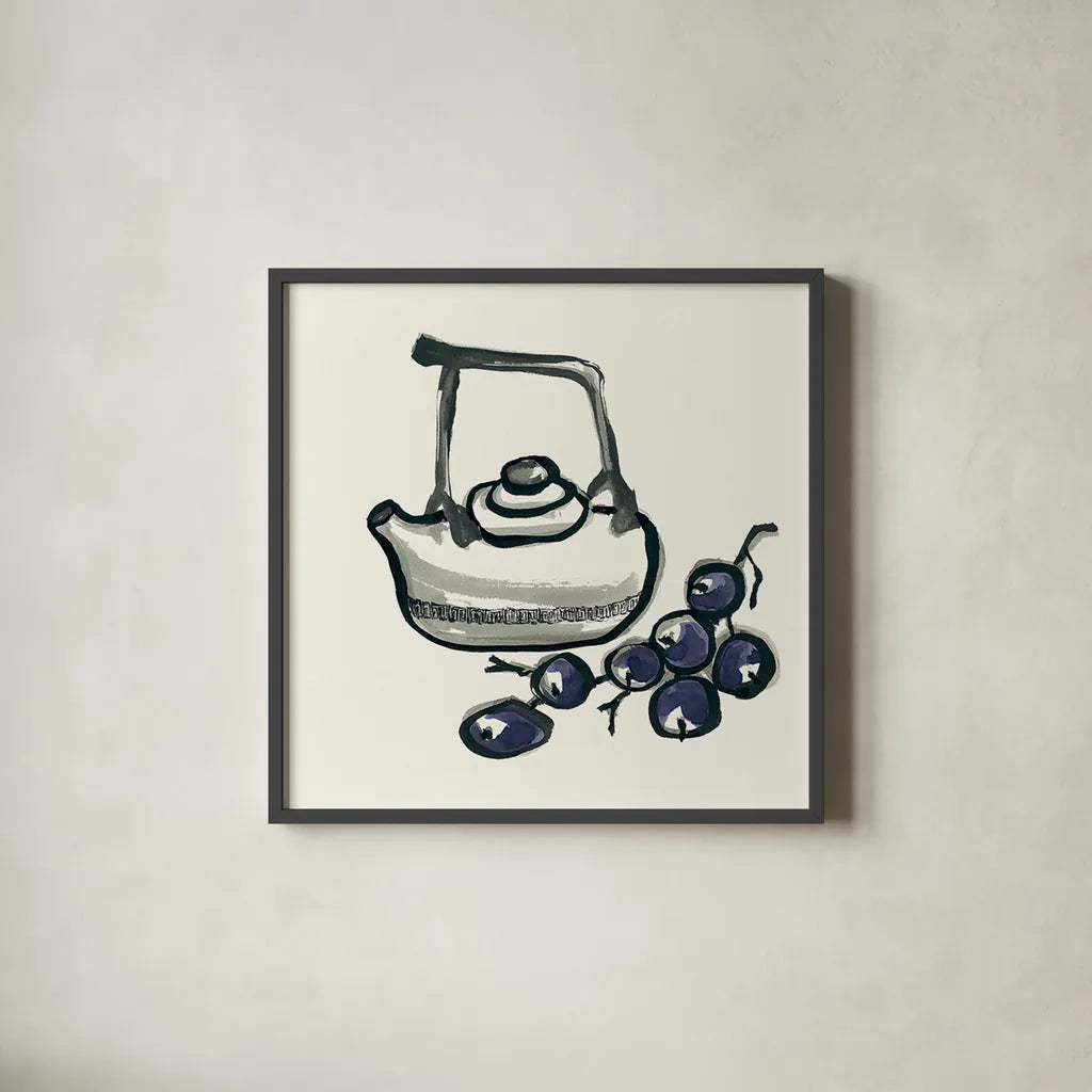 Tea and Grapes by Chris Paschke. Shown in a sleek black glass frame for a contemporary gallery look. Available as an archival giclee rolled canvas, fine art paper, or poster print. SKU 26919a.