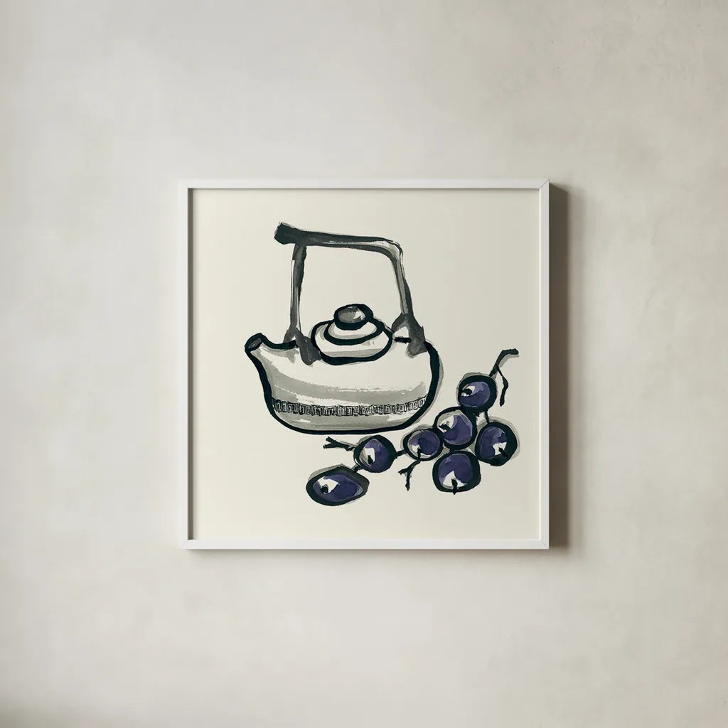Tea and Grapes by Chris Paschke. Shown in a crisp white glass frame for a clean and minimalist style. Available as an archival giclee rolled canvas, fine art paper, or poster print. SKU 26919a.