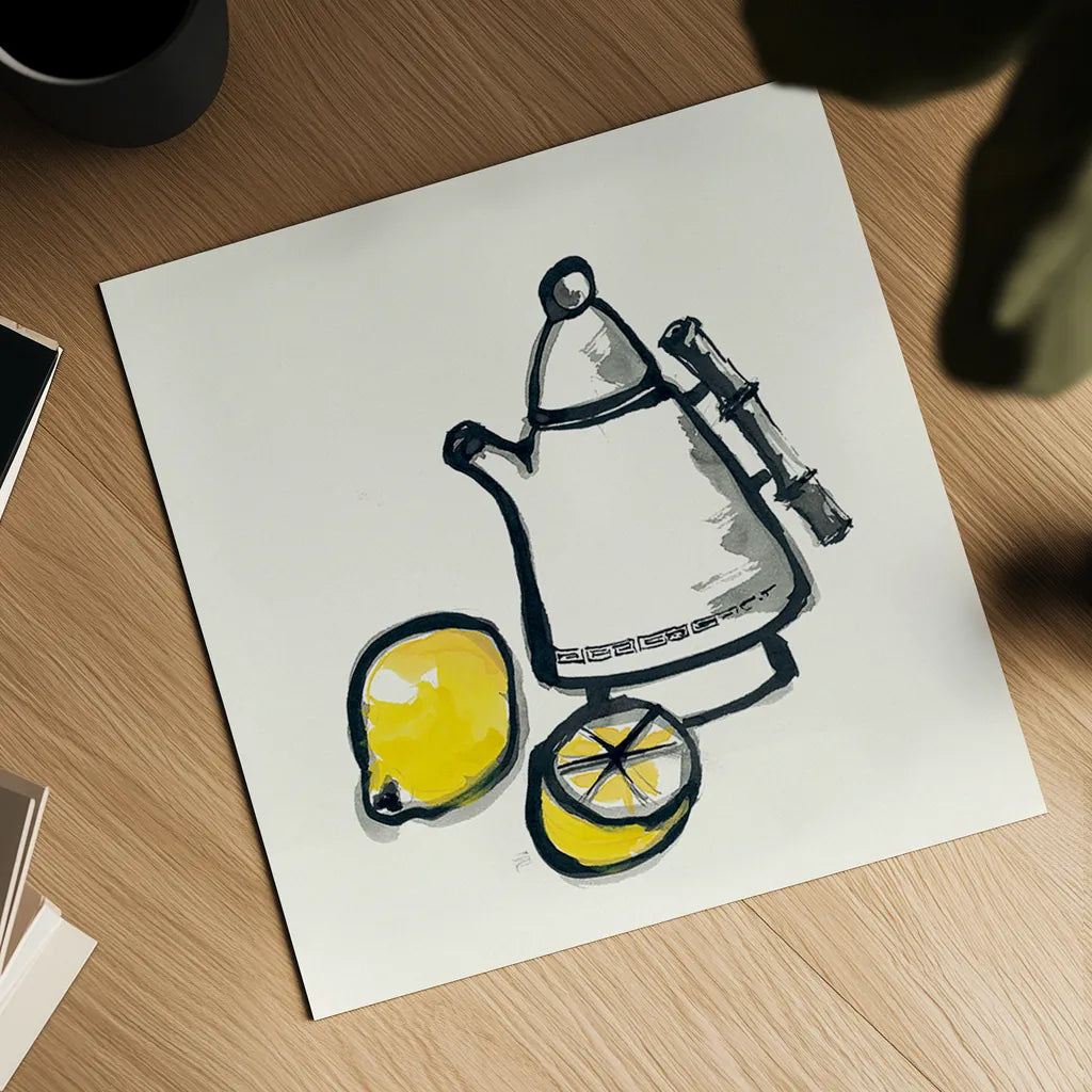 Tea and Lemons by Chris Paschke. Shown as a detailed flat fine art print, highlighting archival giclee quality. Available as an archival giclee rolled canvas, fine art paper, or poster print. SKU 26920a.