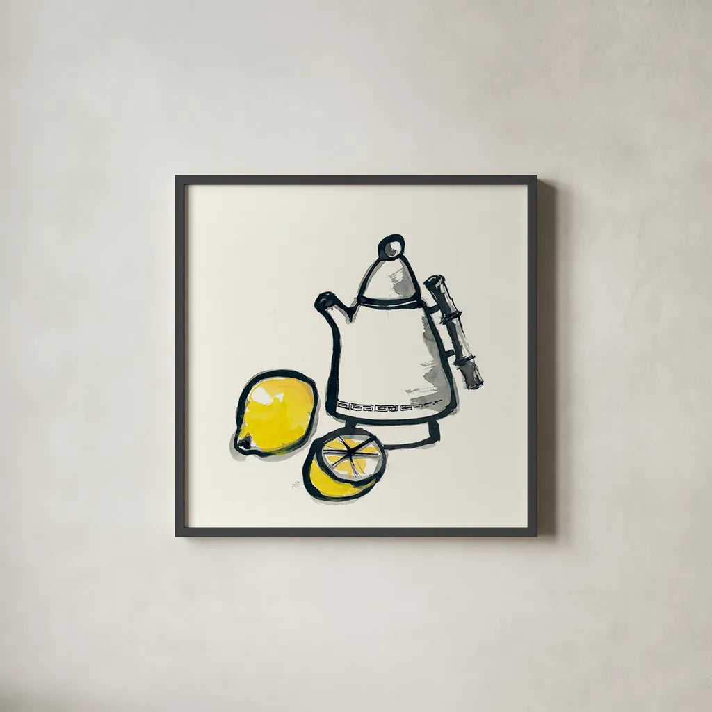 Tea and Lemons by Chris Paschke. Shown in a sleek black glass frame for a contemporary gallery look. Available as an archival giclee rolled canvas, fine art paper, or poster print. SKU 26920a.