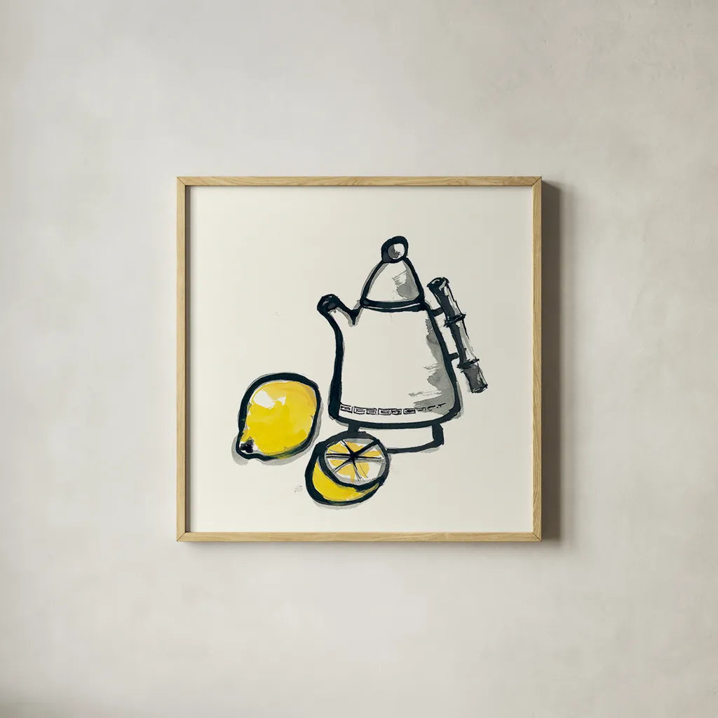 Tea and Lemons by Chris Paschke. Shown in a natural wood glass frame for a timeless modern aesthetic. Available as an archival giclee rolled canvas, fine art paper, or poster print. SKU 26920a.