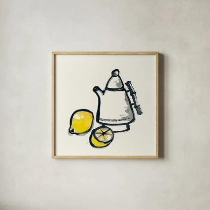 Tea and Lemons by Chris Paschke. Shown in a natural wood glass frame for a timeless modern aesthetic. Available as an archival giclee rolled canvas, fine art paper, or poster print. SKU 26920a.