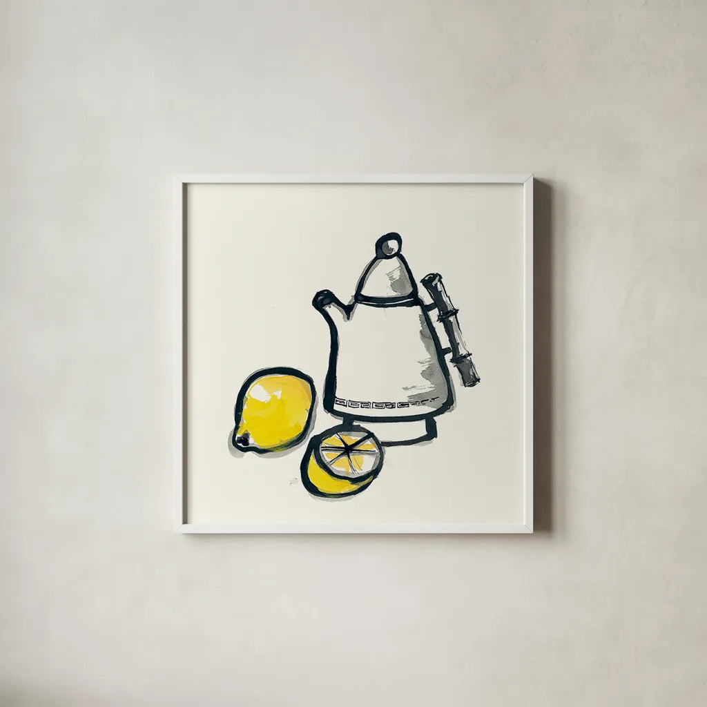 Tea and Lemons by Chris Paschke. Shown in a crisp white glass frame for a clean and minimalist style. Available as an archival giclee rolled canvas, fine art paper, or poster print. SKU 26920a.