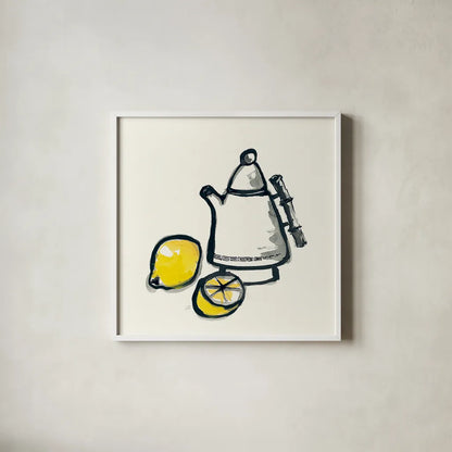 Tea and Lemons by Chris Paschke. Shown in a crisp white glass frame for a clean and minimalist style. Available as an archival giclee rolled canvas, fine art paper, or poster print. SKU 26920a.