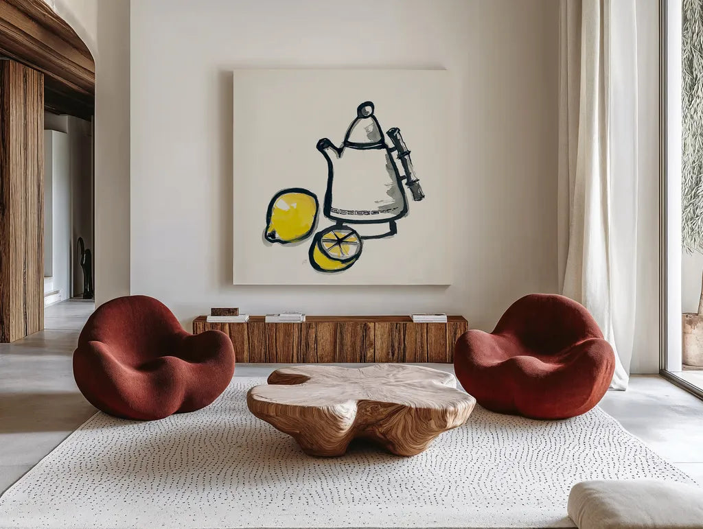 Tea and Lemons by Chris Paschke. Shown as extra-large giant wall art in a modern living room. Available as an archival giclee rolled canvas, fine art paper, or poster print. SKU 26920a.