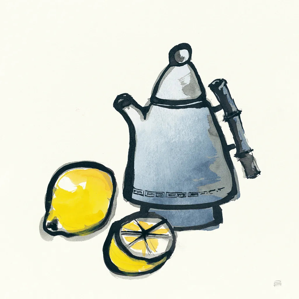 Tea and Lemons Navy by Chris Paschke. SKU 46147a. Archival Giclee Fine art print for wall decor.
