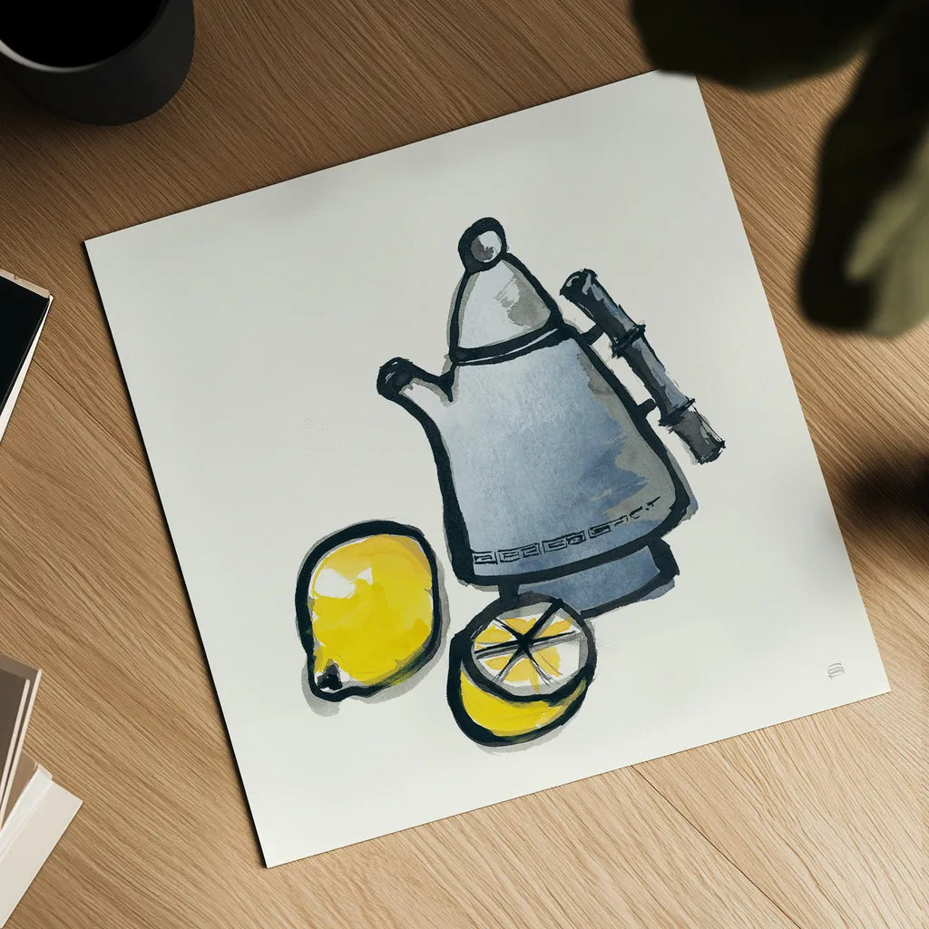 Tea and Lemons Navy by Chris Paschke. Shown as a detailed flat fine art print, highlighting archival giclee quality. Available as an archival giclee rolled canvas, fine art paper, or poster print. SKU 46147a.