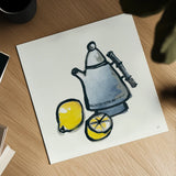 Tea and Lemons Navy by Chris Paschke. Shown as a detailed flat fine art print, highlighting archival giclee quality. Available as an archival giclee rolled canvas, fine art paper, or poster print. SKU 46147a.