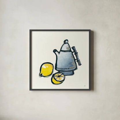 Tea and Lemons Navy by Chris Paschke. Shown in a sleek black glass frame for a contemporary gallery look. Available as an archival giclee rolled canvas, fine art paper, or poster print. SKU 46147a.