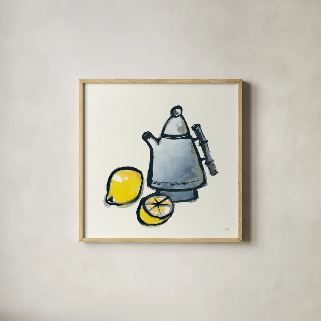 Tea and Lemons Navy by Chris Paschke. Shown in a natural wood glass frame for a timeless modern aesthetic. Available as an archival giclee rolled canvas, fine art paper, or poster print. SKU 46147a.