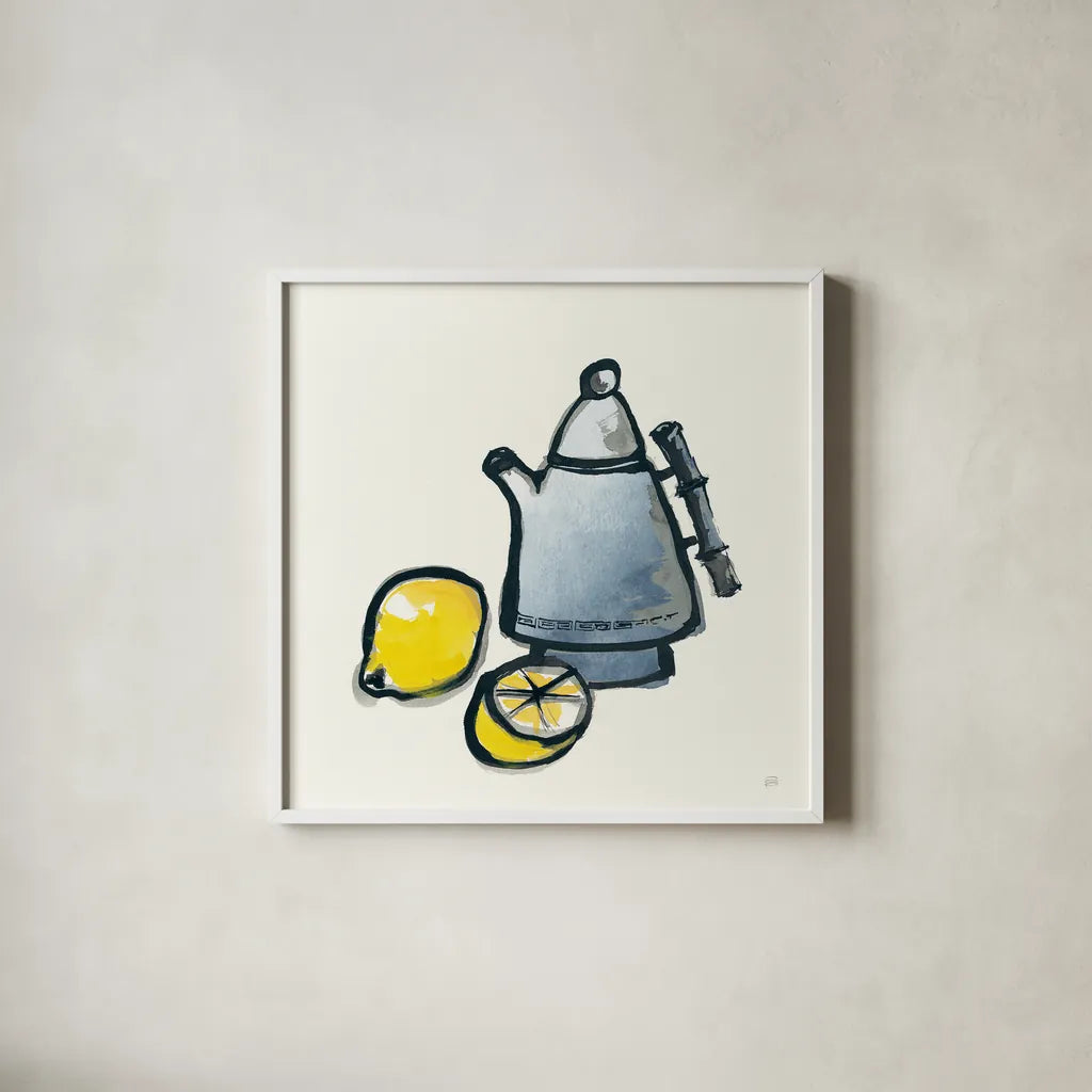 Tea and Lemons Navy by Chris Paschke. Shown in a crisp white glass frame for a clean and minimalist style. Available as an archival giclee rolled canvas, fine art paper, or poster print. SKU 46147a.