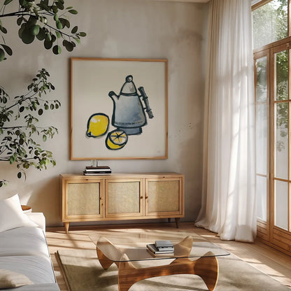 Tea and Lemons Navy by Chris Paschke. Shown in a natural wood frame in a cozy modern living room. Available as an archival giclee rolled canvas, fine art paper, or poster print. SKU 46147a.