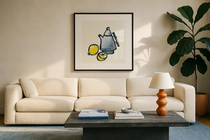 Tea and Lemons Navy by Chris Paschke. Displayed in a glass frame with matte in a clean modern living room. Available as an archival giclee rolled canvas, fine art paper, or poster print. SKU 46147a.