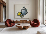 Tea and Lemons Navy by Chris Paschke. Shown as extra-large giant wall art in a modern living room. Available as an archival giclee rolled canvas, fine art paper, or poster print. SKU 46147a.