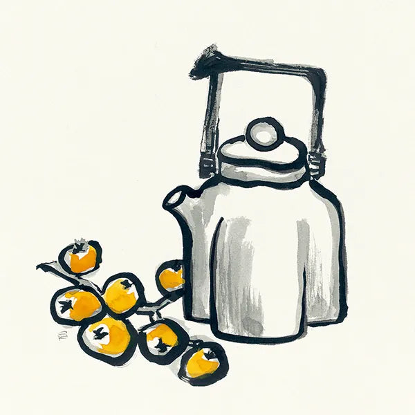 Tea and Loquats by Chris Paschke. SKU 26922a. Archival Giclee Fine art print for wall decor.