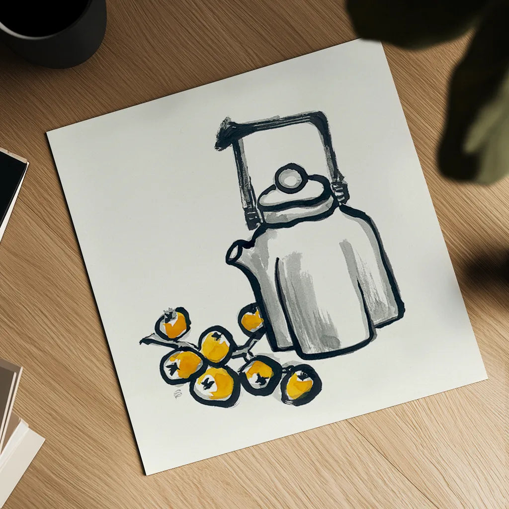 Tea and Loquats by Chris Paschke. Shown as a detailed flat fine art print, highlighting archival giclee quality. Available as an archival giclee rolled canvas, fine art paper, or poster print. SKU 26922a.