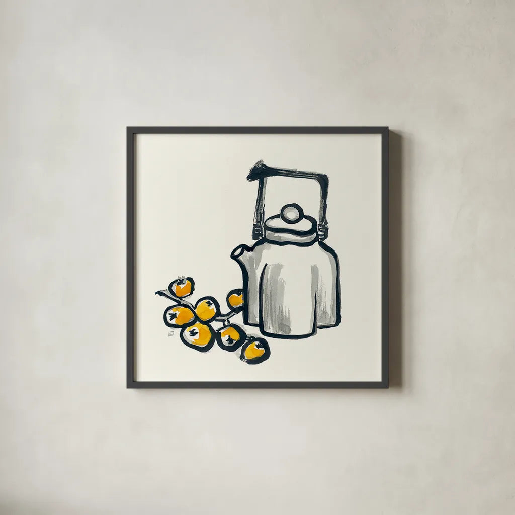 Tea and Loquats by Chris Paschke. Shown in a sleek black glass frame for a contemporary gallery look. Available as an archival giclee rolled canvas, fine art paper, or poster print. SKU 26922a.