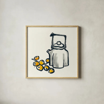 Tea and Loquats by Chris Paschke. Shown in a natural wood glass frame for a timeless modern aesthetic. Available as an archival giclee rolled canvas, fine art paper, or poster print. SKU 26922a.