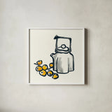 Tea and Loquats by Chris Paschke. Shown in a crisp white glass frame for a clean and minimalist style. Available as an archival giclee rolled canvas, fine art paper, or poster print. SKU 26922a.