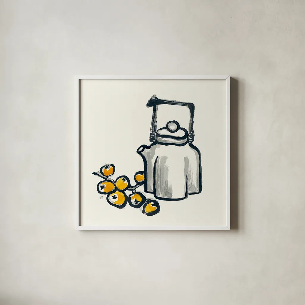 Tea and Loquats by Chris Paschke. Shown in a crisp white glass frame for a clean and minimalist style. Available as an archival giclee rolled canvas, fine art paper, or poster print. SKU 26922a.