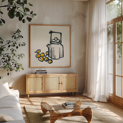 Tea and Loquats by Chris Paschke. Shown in a natural wood frame in a cozy modern living room. Available as an archival giclee rolled canvas, fine art paper, or poster print. SKU 26922a.