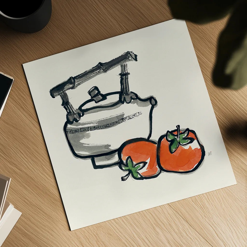 Tea and Persimmons by Chris Paschke. Shown as a detailed flat fine art print, highlighting archival giclee quality. Available as an archival giclee rolled canvas, fine art paper, or poster print. SKU 26923a.