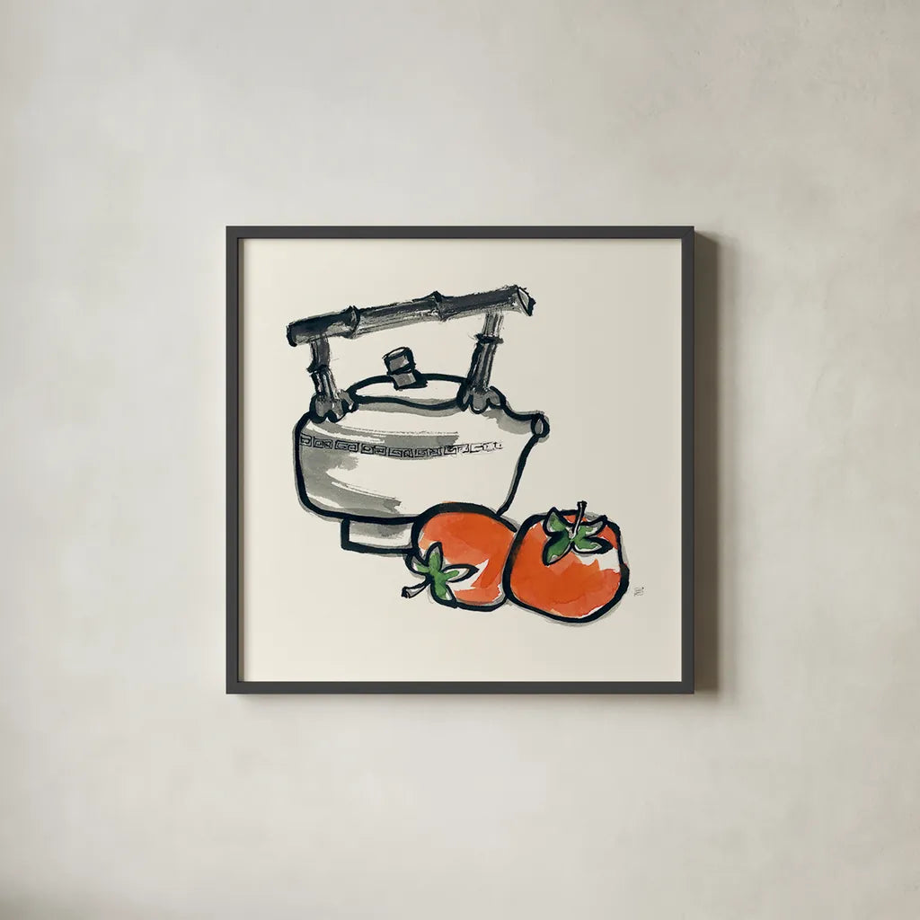 Tea and Persimmons by Chris Paschke. Shown in a sleek black glass frame for a contemporary gallery look. Available as an archival giclee rolled canvas, fine art paper, or poster print. SKU 26923a.