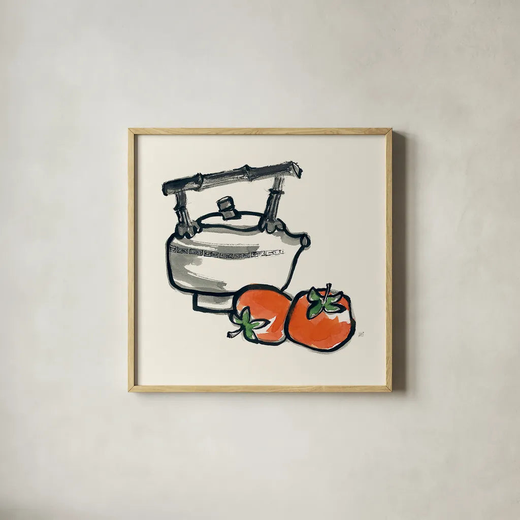 Tea and Persimmons by Chris Paschke. Shown in a natural wood glass frame for a timeless modern aesthetic. Available as an archival giclee rolled canvas, fine art paper, or poster print. SKU 26923a.