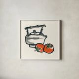 Tea and Persimmons by Chris Paschke. Shown in a crisp white glass frame for a clean and minimalist style. Available as an archival giclee rolled canvas, fine art paper, or poster print. SKU 26923a.