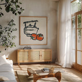 Tea and Persimmons by Chris Paschke. Shown in a natural wood frame in a cozy modern living room. Available as an archival giclee rolled canvas, fine art paper, or poster print. SKU 26923a.