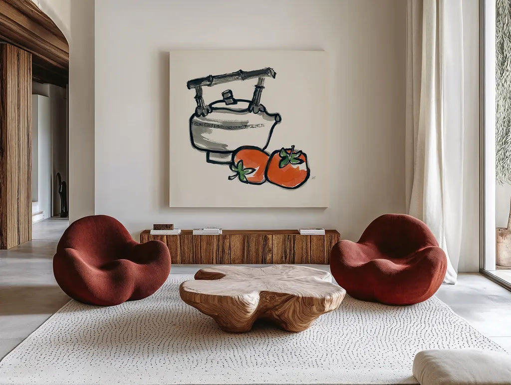 Tea and Persimmons by Chris Paschke. Shown as extra-large giant wall art in a modern living room. Available as an archival giclee rolled canvas, fine art paper, or poster print. SKU 26923a.